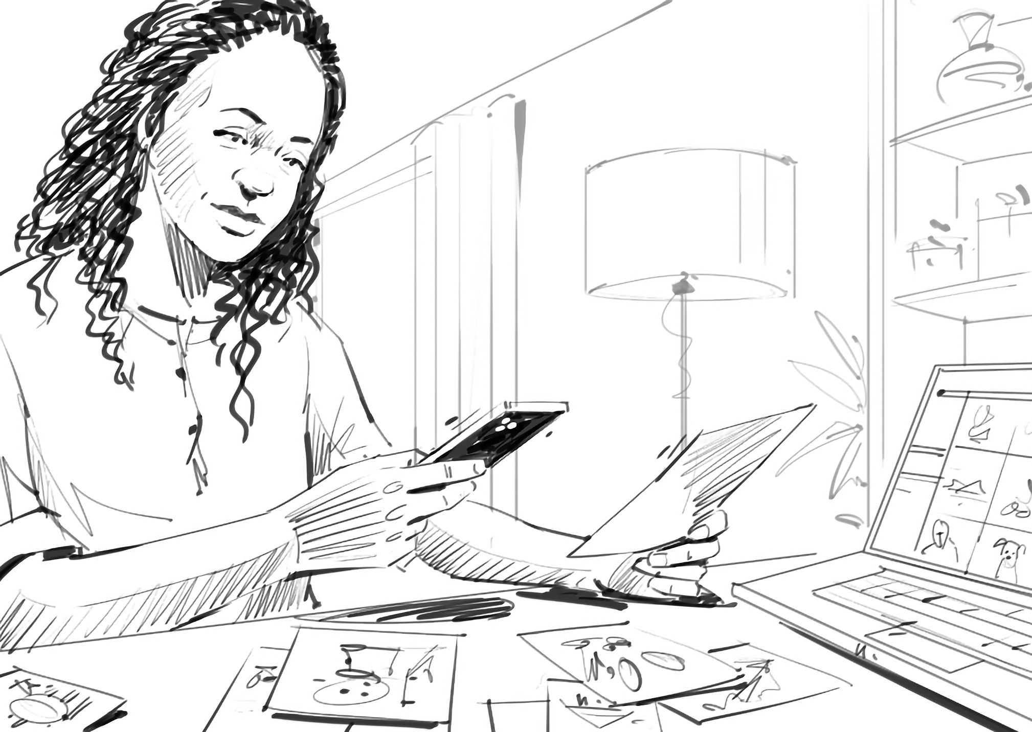 Storyboard by Gavin Patterson: Stacy scanning her personal archive with a phone, surrounded by her own creative work