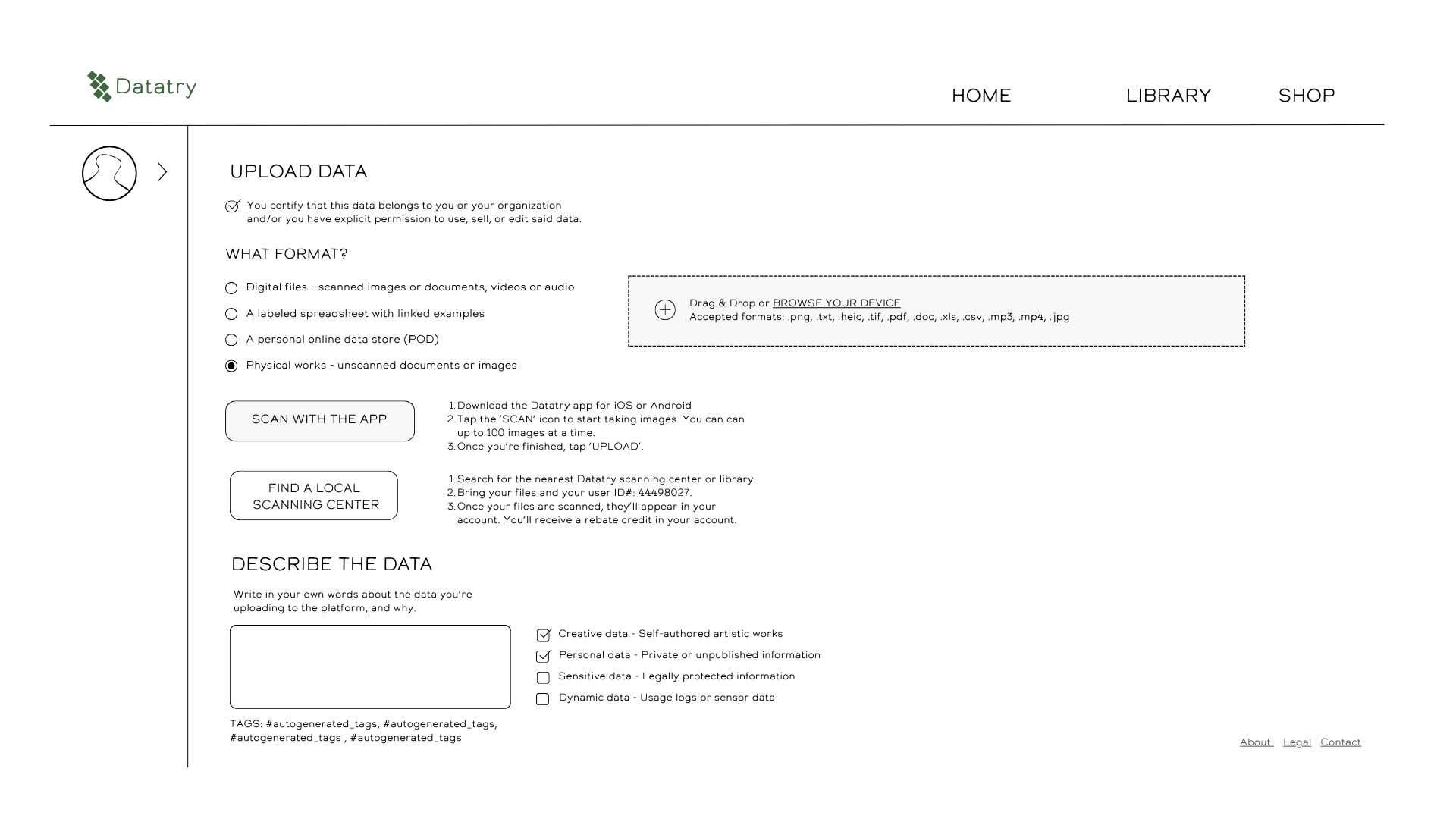 Canva wireframe of the upload data screen: ownership certification, format selection with physical-works flow, description with data-type checkboxes