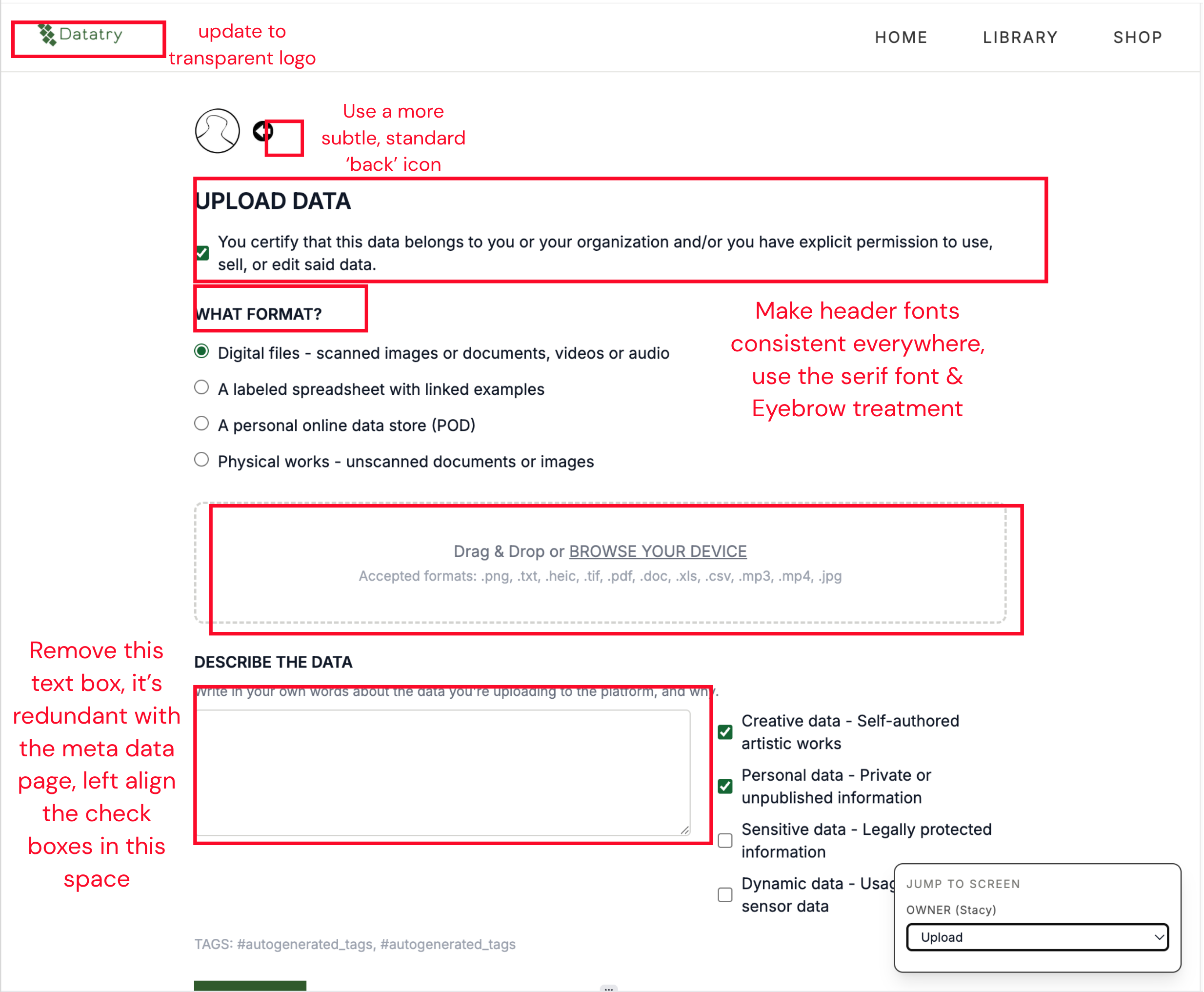Design review round two: the wireframe with red annotations about transparent logo, back icon, serif header consistency, redundant text box, and checkbox alignment