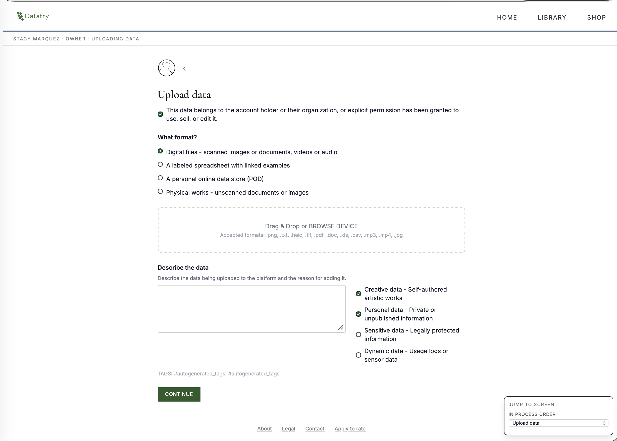 Shipped upload screen: transparent logo, breadcrumb, serif heading in the Datatry style, refined layout with jump-to-screen persona switcher visible